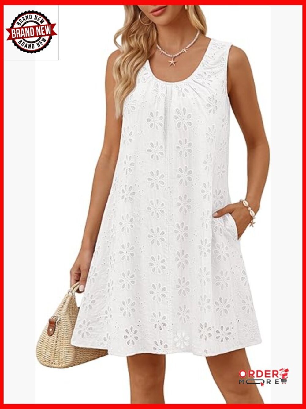Sleeveless Eyelet Embroidered Swing Mini Dress with Pockets
